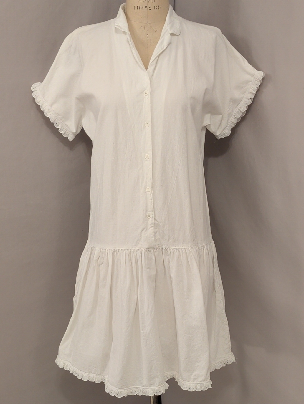 Vintage Cotton White Button Front Drop Waist Dress Eyelet Lace Trim Option Belt